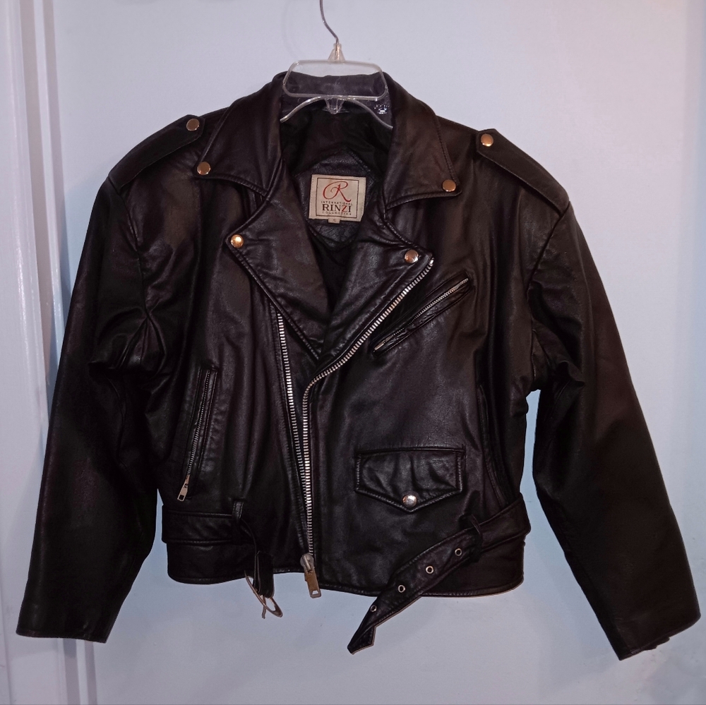 Vintage 80s Classic Black Genuine leather Jacket Moto Motorcycle Womens Small